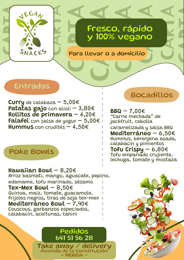 Diseño Gráfico carta vegan snacks restauración rápida 100% vegana en Merida