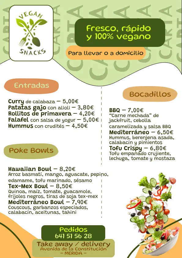 carta vegan snacks restauración rápida 100% vegana en Merida