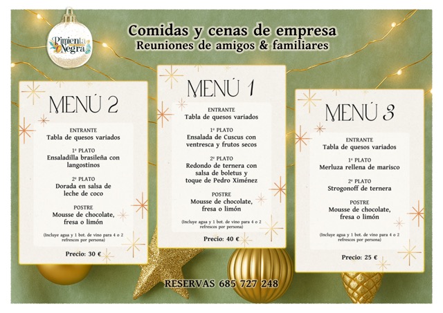 cartel 3 menus navidad Comidas de empresa para Pimienta Negra Gastrobar en Valdefuentes, Cáceres