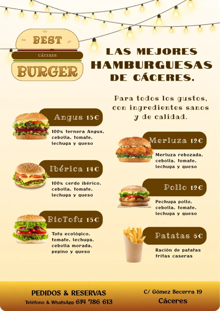 Menu para restaurante especializado en hamburguesas