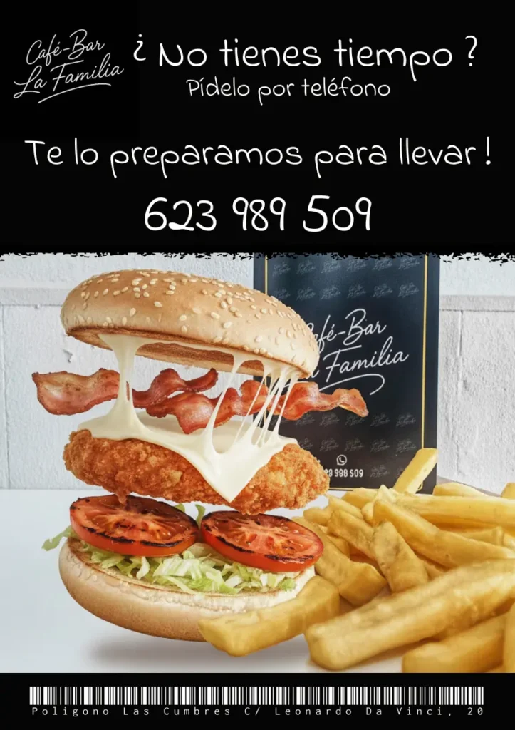 Diseño de cartel para pedir comida para llevar para Café bar la familia en Don Benito