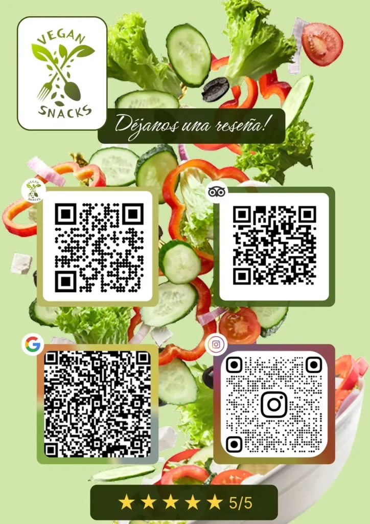 Cartel QR para solicitar reseñas en Vegan Snacks