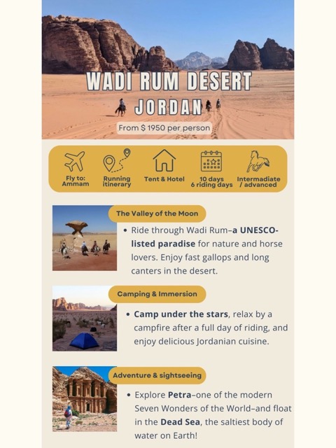 Folleto promocional para vacaciones a caballo en Jordania, visita a caballo el desierto de Wadi Rum | Enclave Studio Digital en Cáceres
